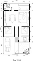 Architectural Floor Plans of a House Two Bed Room Blank and Futniture Layout with Garden and Carport. 14