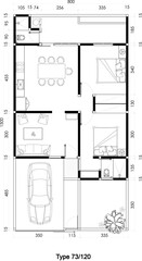 Architectural Floor Plans of a House Two Bed Room Blank and Futniture Layout with Garden and Carport. 17