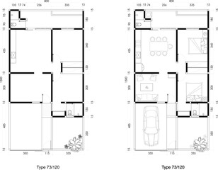 Two Architectural Floor Plans of a House Two Bed Room Blank and Futniture Layout with Garden and Carport. 21