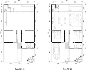 Two Architectural Floor Plans of a House Two Bed Room Blank and Futniture Layout with Garden and Carport. 20