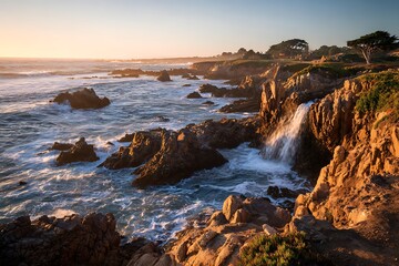 Fototapeta premium Rough ocean edge twilight displaying cascade and sharp crags 
