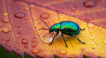 Iridescent Emerald Beetle Navigates Dew-Kissed Autumn Leaf with Vibrant Hues.