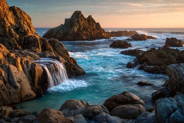 Obraz premium Parched shore environment at sunset highlighting cascade and irregular formations 