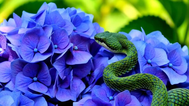 Vibrant green snake amongst vibrant blue hydrangea blossoms