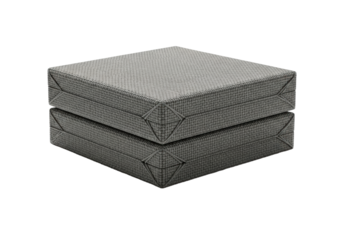Two identical gray canvas pads with stitching, stacked on a white background with a sharp shadow, ample copy space, concept of disciplined utility
