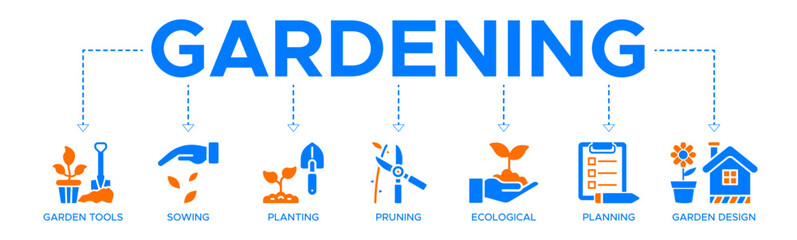 Gardening banner web icon vector illustration concept with icon of garden tools, sowing, planting, pruning, ecological, planning and garden design