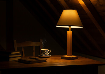 A warm, inviting scene featuring a lit lamp illuminating a desk with a steaming cup, books, and a pen in a cozy, dimly lit room.