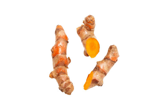 Dry Turmeric powder and turmeric root isolated on white background ,Top view.