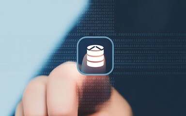 Finger pressing a digital database icon on a screen with binary code background