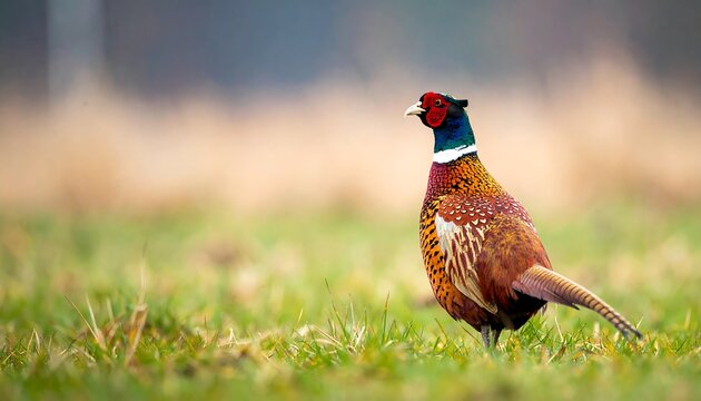 A vibrant ring-necked pheasant stands gracefully amidst a field of soft, green grass, showcasing its colorful plumage.