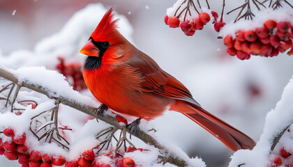 a vibrant cardinal perches on a snowladen branch adorned with clusters of red berries in a winter wonderland