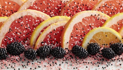Citrus slices and berries decorated with colorful sprinkles.