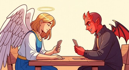 Angel and devil playing cards at table in expressive illustration. Angel and devil are opponents, yet they play cards, perhaps symbolizing choices and consequences.