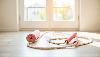Exercise equipment with yoga mat and jump rope on wooden floor