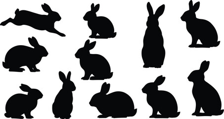 Rabbit silhouette vector set, black bunny illustration, sitting hare, jumping rabbit, Easter design, wildlife animal graphic, pet bunny artwork
