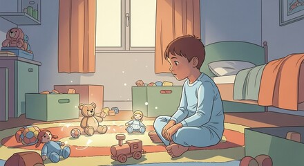 Little boy in his bedroom playing with toys, arranging stuffed animals on floor, creating imaginary world. Little boy is in pajamas. Little boy playing with toys in children’s room, enjoying solitude,