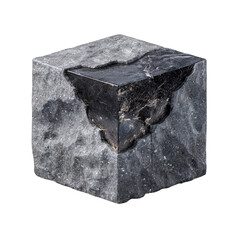 A gray stone cube, fractured internally by a dark vein