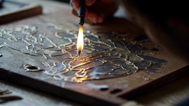 Hand craftsmen use pens to create pyrography crafts on wooden boards
