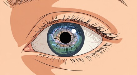 Illustration of single human eye with blue iris detailed on skin. Eye reflects vibrant colors: blue, green, and white, suggesting depth and complexity.