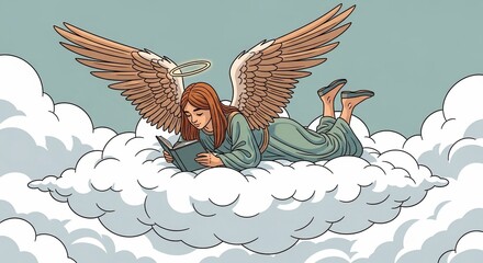 Angel reading book atop soft clouds, peaceful scene. Angel reading book surrounded with fluffy heaven cloudscape, a contemplative moment for this angelic being.