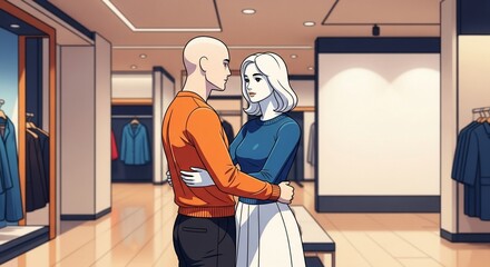 Couple shopping in store with racks of fashionable clothing and blank advertisement space provides style inspiration. Couple shopping for new outfits, embracing love and retail therapy.
