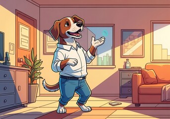 Animated dog character is smiling in living room while gesturing towards light. Animated dog character in cartoon style brings a playful energy, animated dog standing on flooring with plant pot,