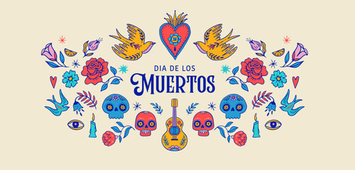 Dia de los muertos, Day of the dead, Mexican holiday, festival. Hand drawn vector poster, banner and card in modern doodle, art style, with skulls, birds, guitar and flowers