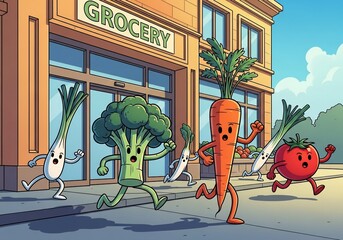 Grocery shopping with running vegetables by cartoon fruits and vegetables, colorful animation, funny produce, and cute food characters with arms and legs.