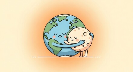 Adorable earth and moon hugging. Earth and moon cartoon friends represent harmonious relationship, celebrating world space week, or international earth day.