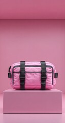 Pink crossbody bag displayed on a platform.