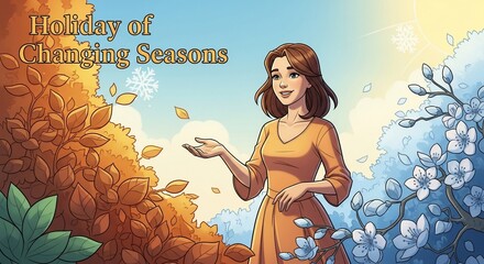 Holiday of changing seasons illustration presents woman in dress, standing between autumn leaves and spring blossom.