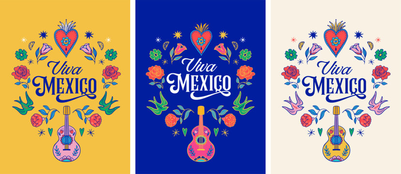 Viva Mexico. Mexican culture, Mexican Fiesta, Mexican Menu restaurant and Cinco de Mayo invitation. Hand drawn, sketch style. Vector card, banner design. Colorful printable illustration