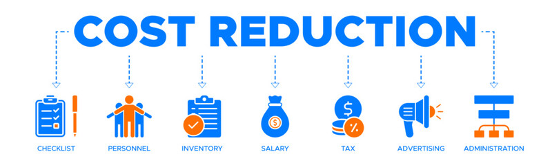 Cost reduction banner web icon vector illustration concept with icon of checklist, personnel, inventory, salary, tax, advertising and administration