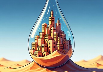 Water scarcity illustrated with buildings inside giant teardrop, nestled in desert landscape. Water scarcity depicted as city's fragility, mirroring climate change and environmental fragility.