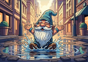 Happy gnome sitting in puddle and splashing water, surrounded by city buildings. Gnome with beard joyfully plays in a rain puddle on street, surrounded by cityscape.