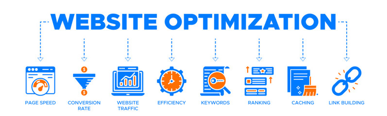 Website optimization banner web icon vector illustration concept with icon of page speed, conversion rate, website traffic, efficiency, keywords, ranking, caching, link building © Billy