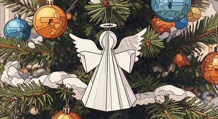 Christmas tree ornaments adorn festive fir branches, highlighting Christmas tree ornaments.