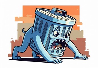 Angry trash monster featuring sharp teeth and menacing eyes ready to pounce, with snarling mouth and fierce expression.