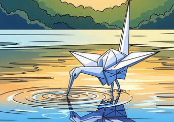 Paper crane illustration showing water reflection, origami bird made of paper. Paper crane illustration represents art of folding paper for decoration or crafts,