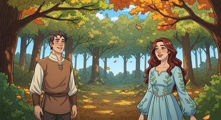 Young couple in forest during autumn season enjoying romantic nature walk. Autumn season atmosphere with falling leaves creates mood for autumn season.