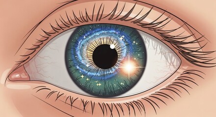 Universe in eye features detailed human eye with galaxy inside iris, showing a mesmerizing cosmic landscape. Eye with galaxy creates cosmic wonder, inspiring exploration of cosmos and self discovery.