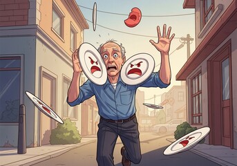 Juggling disaster depicts plates falling on street with man running. Juggling disaster scene includes falling plates and anxious man on city street.