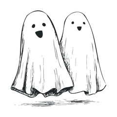 Obraz premium Cute ghosts celebrate Halloween in a playful and friendly manner. Halloween vector illustration
