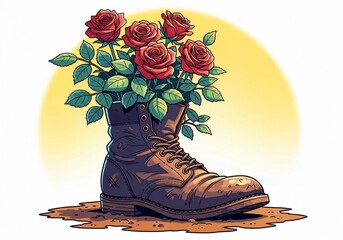 Roses in boot showcase, with vibrant red roses blossoming from a worn, leather boot. Roses in boot offer a whimsical display, featuring delicate petals and lush greenery against a soft,