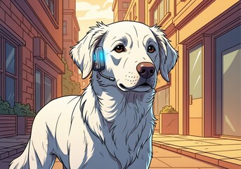 Golden retriever in city, looking alert with headset. Golden retriever, domestic animal in sunny street, with futuristic headset suggesting innovative technology.