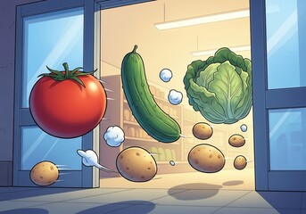 Flying vegetables hover near open doors creating a dynamic scene. Flying vegetables include tomato, cucumber, potatoes and cabbage against softly lit building interior.
