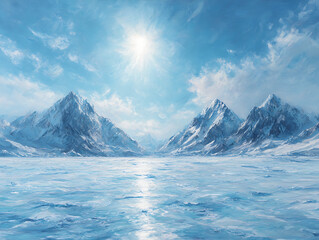 Fototapeta premium Majestic snow capped mountains reflecting on a frozen icy lake under a bright sun