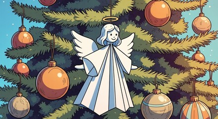 Paper Angel Ornament on Christmas Tree with Ornaments for Holiday Crafts, Seasonal Decor, Festive Blogs, and Christmas Celebration Articles  