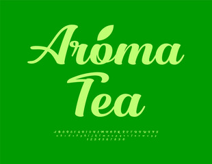 Vector Green sticker Aroma Tea. Beautiful Calligraphy Font. Cursive Alphabet Letters and Numbers