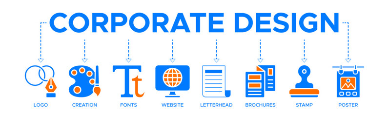 Corporate design banner web icon vector illustration concept with icon of logo, creation, fonts, website, letterhead, brochures, stamp and poster